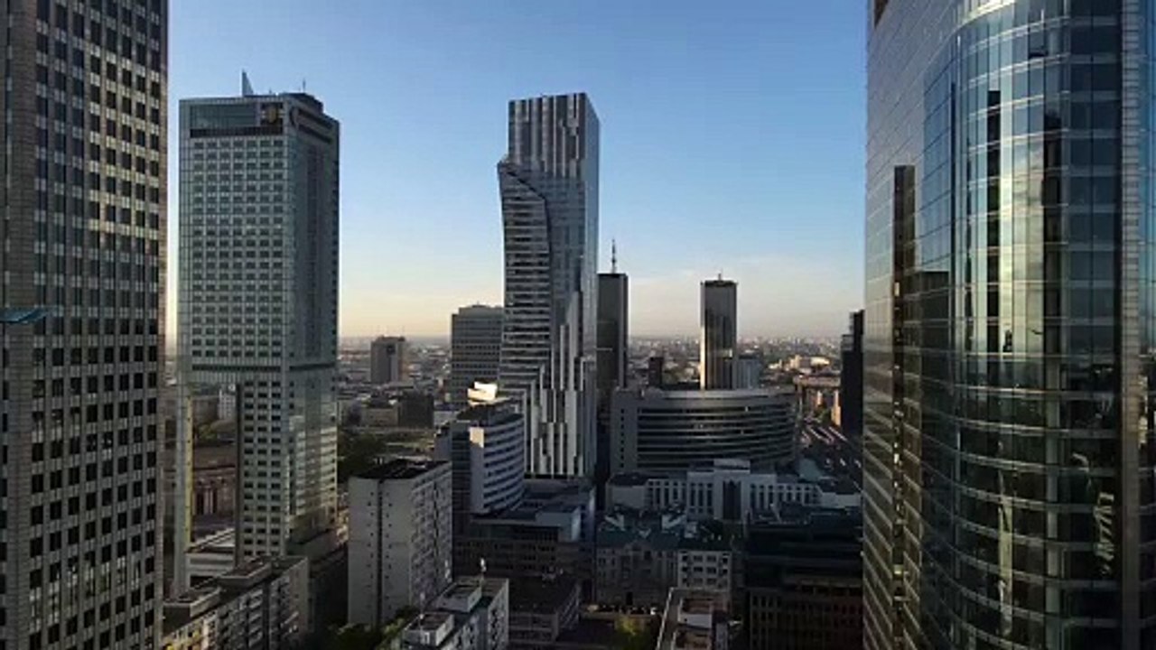 Aerial view of Warsaw Modern Buildings at sunset.