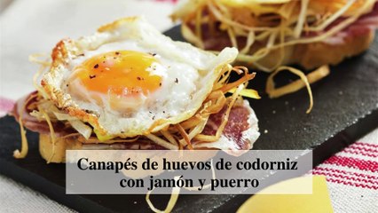 Canapés de huevo de codorniz con jamón y virutas de puerro
