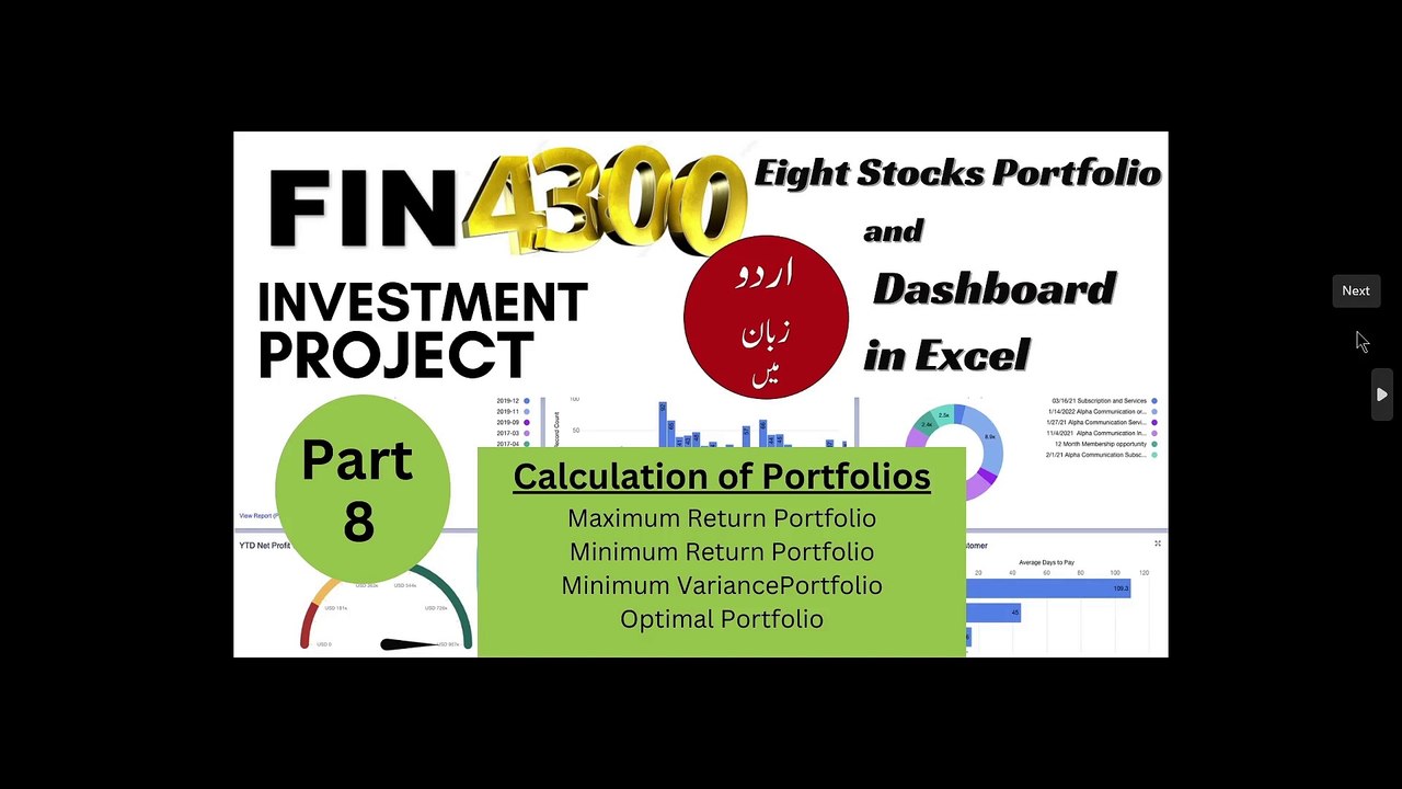 Portfolio dashboard video 8 stocks Max return, minimum variance, optimal portfolio in excel in urdu, Specific Portfolios max return Portfolio, minimm variance portfolio, minimum variance portfolio, sharepe ratio, weighted portfolio - Made with Clipchamp