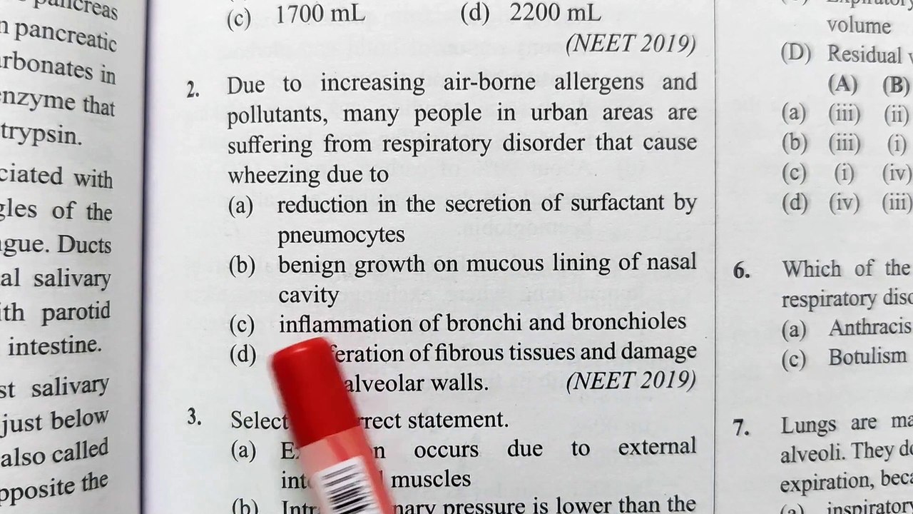MCQ of NEET Breathing and exchange of gases