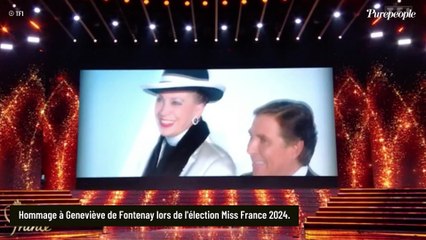 Télécharger la video: Miss France 2024 - Hommage à Geneviève de Fontenay : Sonia Rolland les yeux mouillés, le geste fort d'Elodie Gossuin