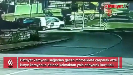 Kağıthane’de hafriyat kamyonu sağından geçen motosiklete çarparak ezdi