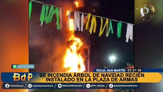 San Martín: árbol navideño se incendia a pocas horas de ser inaugurado en plaza de Armas de La Rioja