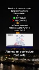 Résultat du vote du projet de loi Immigration à l’Assemblée :  ✅️ 349 POUR ❌️ 186 CONTRE  Le Rassemblement national a voté POUR le projet de loi.