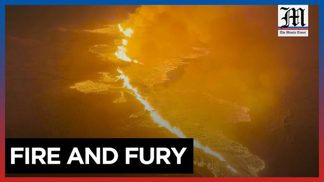 Aerials of volcano erupting in southwest Iceland