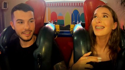 Man's hilarious reaction after girlfriend convinces him to get on a wild park ride