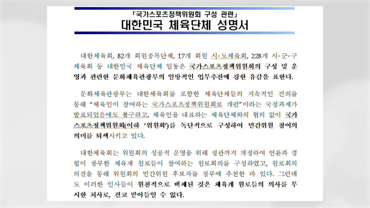 대한체육회 "추천 인사 배제 유감"...문체부 "추천 인사 무조건 반영 불가" / YTN