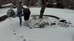 Man taking the trash cans inside slips on the frozen floor and falls hard