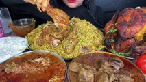 HYDERABADI CHICKEN BIRYANI,WHOLE TANDOORi CHICKEN,CHICKEN CURRY,LIVER CURRY,RAITA -ASMR EATING-