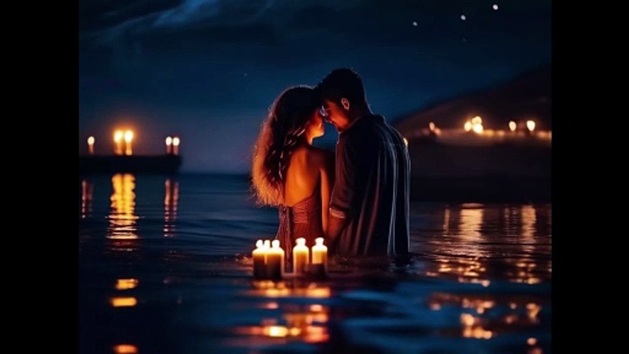 Soft night music: The moon dances on the sea waves under the romantic piano rhythm