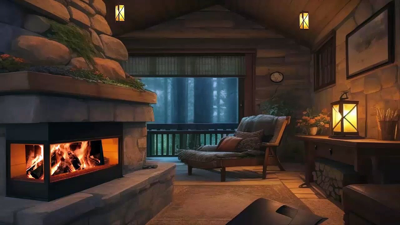 Cozy autumn window ambience Rain on Window Sounds,  Piano Music, Crackling Fire