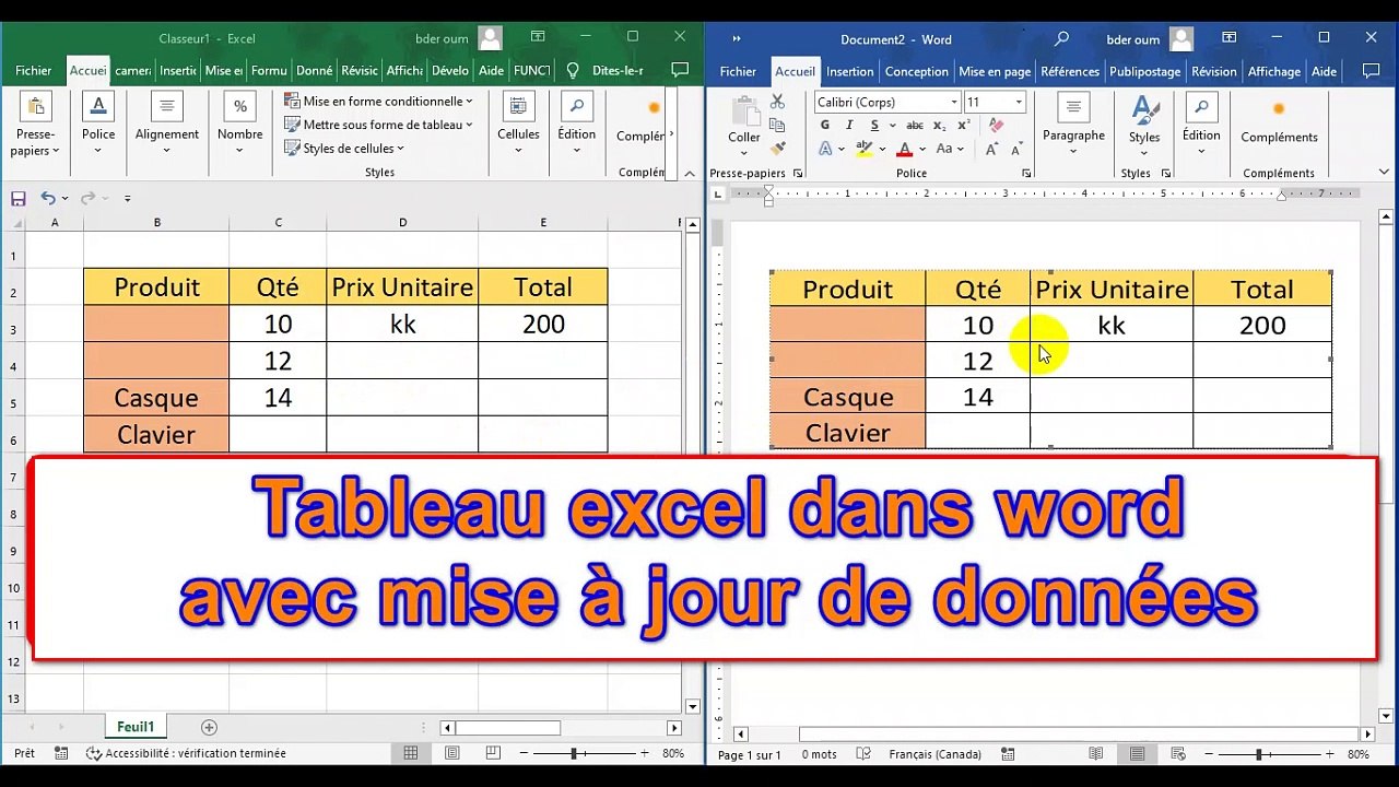 insérer un tableau excel dans word avec mise à jour de données