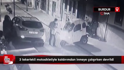 Burdur’da 3 tekerlekli motosikletiyle kaldırımdan inmeye çalışırken devrildi
