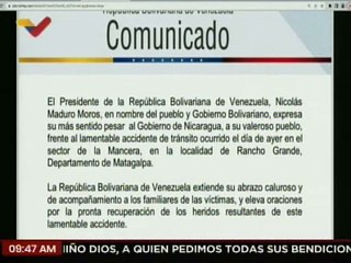 Pdte. Nicolás Maduro expresa condolencias al Gobierno de Nicaragua frente al lamentable accidente en Rancho Grande