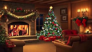 Christmas ambiance - cozy porch with a crackling fireplace and Christmas decorations