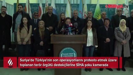 Sesi bile yetti! Terör örgütü destekçileri Türk SİHA'larının saldırısına basın toplantısında yakalandı