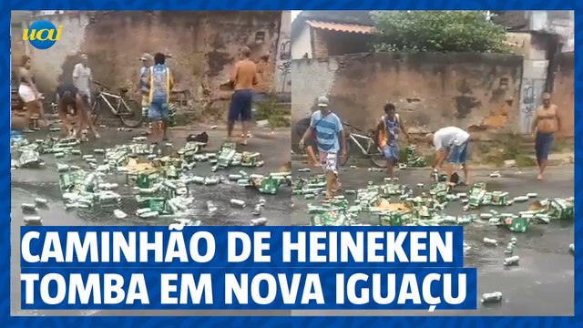 Caminhão de Heineken tomba em Nova Iguaçu, no RJ e moradores fazem a festa