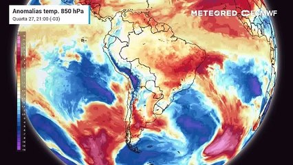 Previsão de Anomalia de Temperatura em 850hPa até sábado (30)