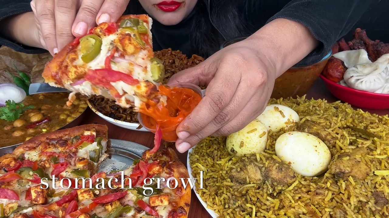CHICKEN BIRYANI,CHICKEN CURRY,SPICY BLACKBEAN NOODLES,PIZZA,CHICKEN LEGPIECE FRY,MOMO -ASMR EATING-