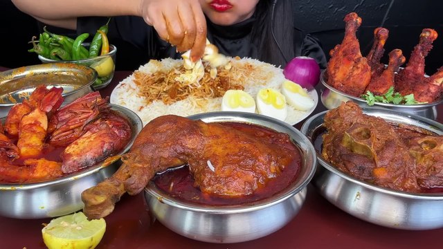 ASMR EATING SPICY CHICKEN CURRY,PRAWNS CURRY,MUTTON CURRY,CHICKEN LEG FRY,CHICKEN NECK CURRY