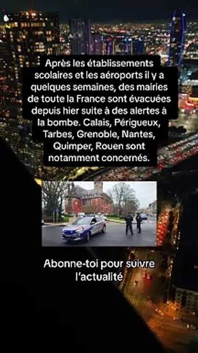 Après les établissements scolaires et les aéroports il y a quelques semaines, des mairies de toute la France sont évacuées depuis hier suite à des alertes à la bombe. Calais, Périgueux, Tarbes, Grenoble, Nantes, Quimper, Rouen sont notamment concernés.