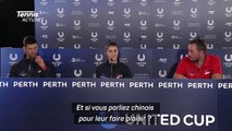 United Cup 2024 - Novak Djokovic parlant un chinois parfait ce qui surprend Olga Danilovic et Viktor Troicki qui éclatent de rire !