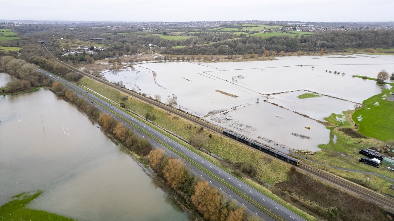 Heavy rain and gales leave rugby pitches and fields near Keynsham, UK underwater