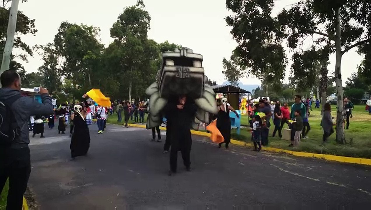 Performance of urban circus staff in public park in Mexico.