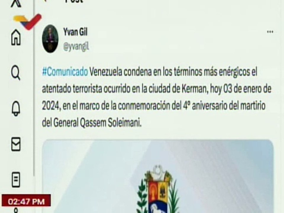 Venezuela condena el atentado terrorista ocurrido en en la ciudad de Kerman