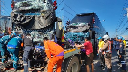 รถบัสทัศนศึกษา ชนกันวุ่นปทุมธานี นักเรียน ม.6 นวลนรดิศ เจ็บอื้อ-ส่งรพ.