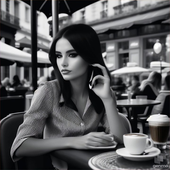 AI Model drinks coffee in an bar