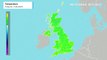 UK temperature map with a dip in cold temperatures over the weekend