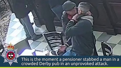 Download Video: Chilling moment grandad stabbed man in the neck inside crowded Derbyshire pub