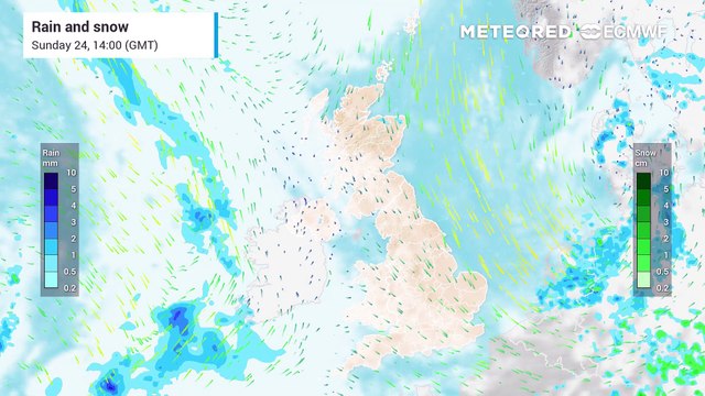 Rain will push northwards across the UK and will fall increasingly to sleet and snow over the Scottish hills.