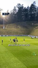  Kylian Mbappé tacle Mattéo Guendouzi lors de l'entraînement  