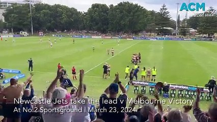 Crowd reacts after Newcastle Jets take the lead v Melbourne Victory