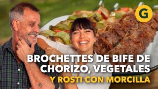 BROCHETTE de BIFE DE CHORIZO, BROCHETTE de VEGETALES, y ROSTI con MORCILLA | El Gourmet