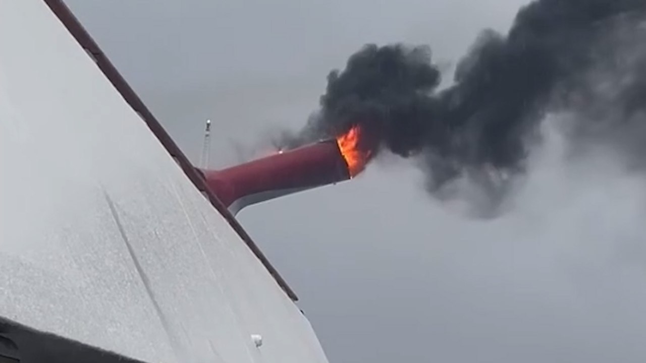 Video of smoke pouring out of exhaust funnel after fire breaks out on cruise ship