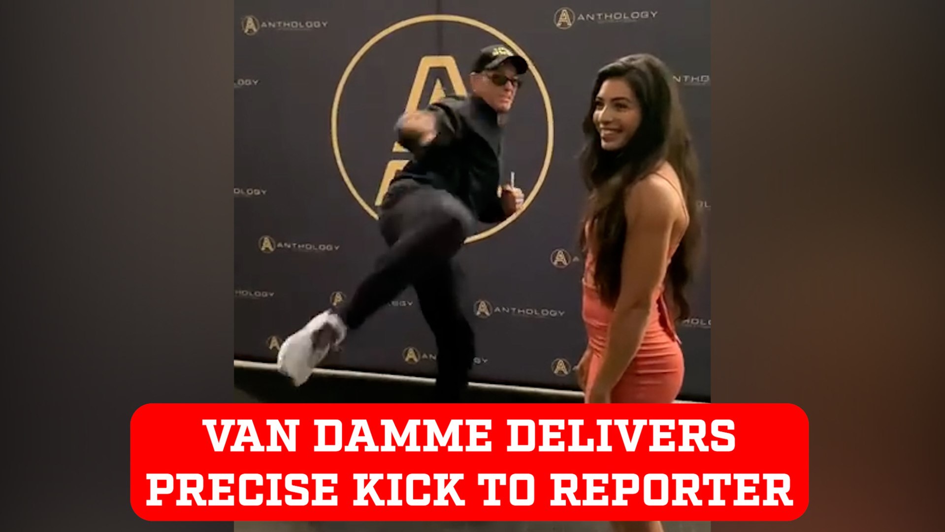 Jean-Claude Van Damme delivers precise karate kick to a reporter face without touching her