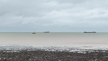 EDMY off the coast of Aberaeron bringing the latest delivery of boulders from Norway
