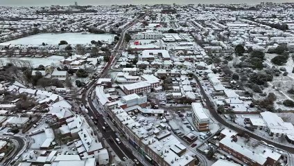 Dramatic drone footage of snow in Worthing - the first of 2024
