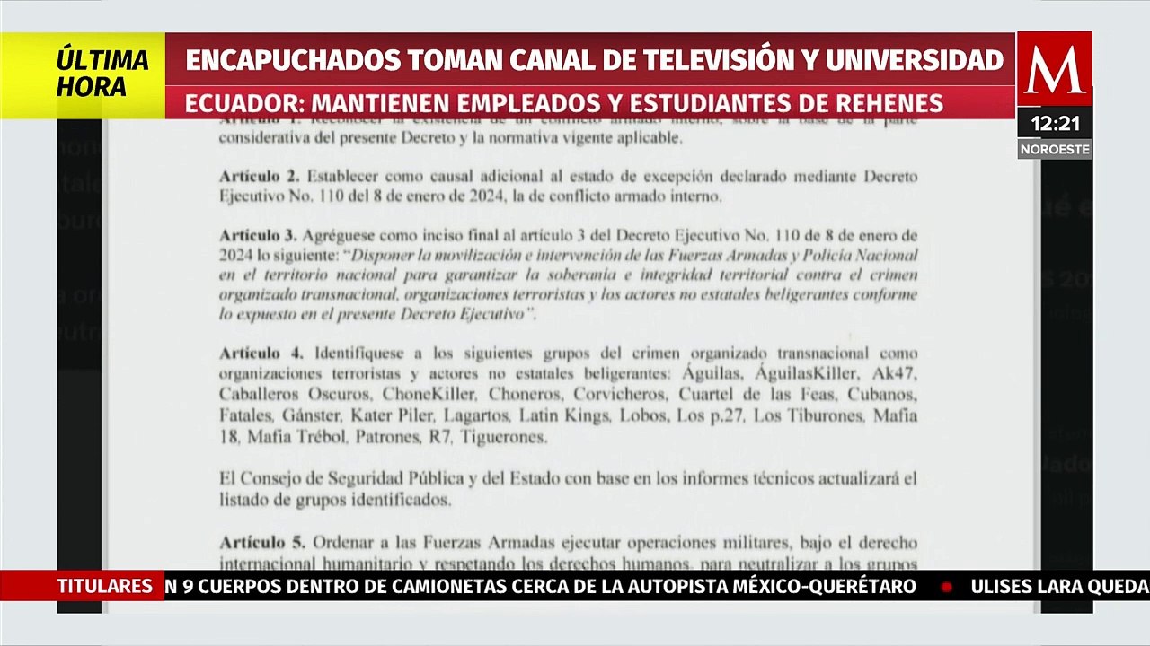 Presidente de Ecuador hace un llamado a las fuerzas armadas tras toma de canal de televisión