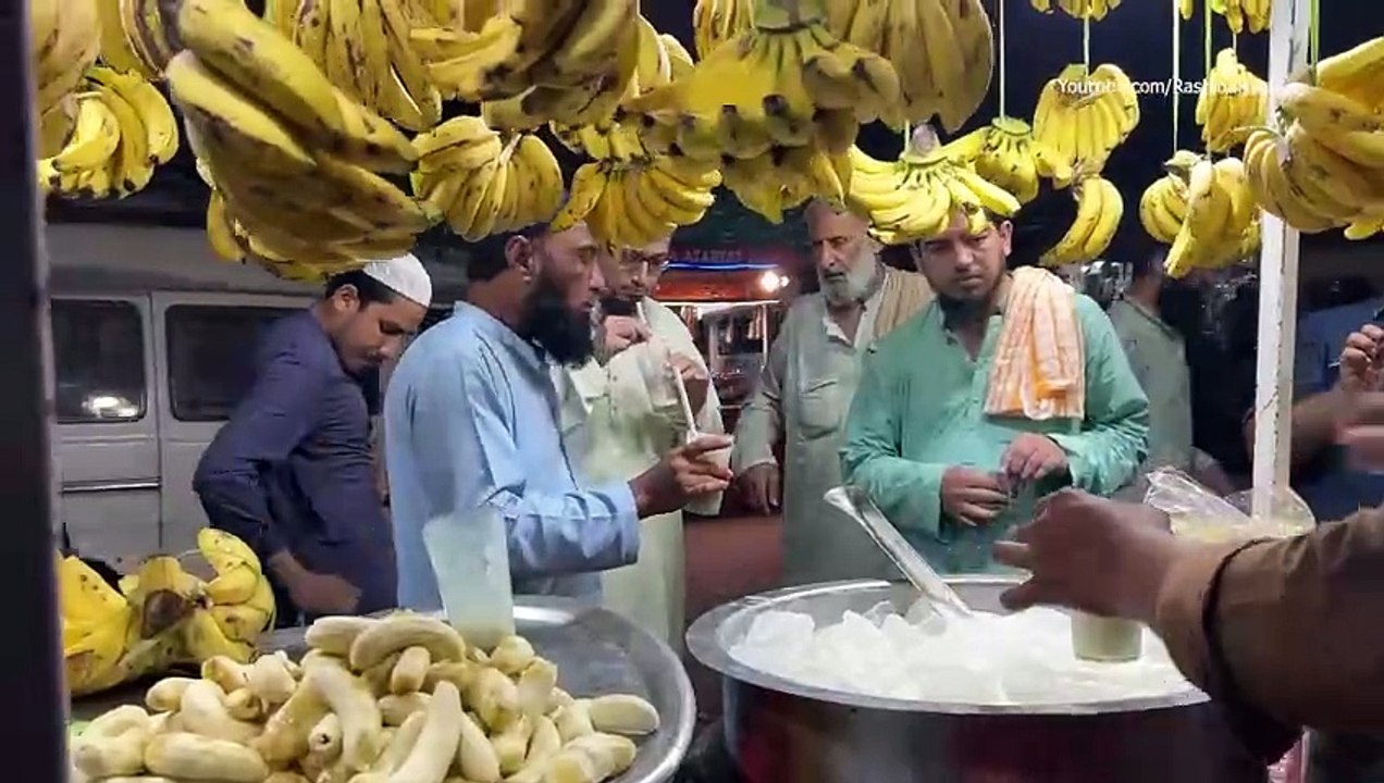Crushed Ice Banana Milkshake  Roadside Street Drink Banana Juice Making - Street Food Processing