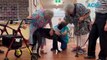 Banjo the adopted greyhound greets aged care residents