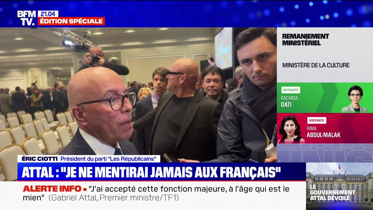 Rachida Dati nommée ministre de la Culture: "Je regrette ce choix qui est totalement incompatible avec sa place dans notre famille politique", indique Éric Ciotti (président des Républicains)