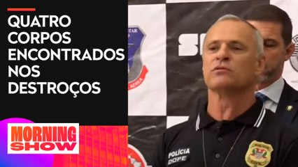 Polícia faz coletiva de imprensa sobre helicóptero encontrado em SP