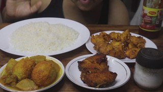 Eating White Rice, Egg Curry with Potato, Fish Fry, Pakode, Tomato Ketchup, Salt | Mukbang