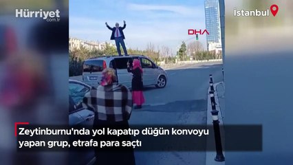 Zeytinburnu'nda yol kapatıp düğün konvoyu yapan grup, etrafa para saçtı