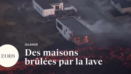 Скачать видео: En Islande, la lave d'un volcan brûle des habitations à Grindavik