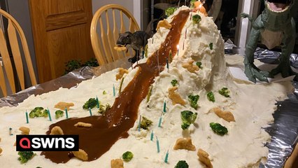 Mum creates Jurassic Park-themed mashed potato mountain with dinosaur nuggets and gravy lava slide